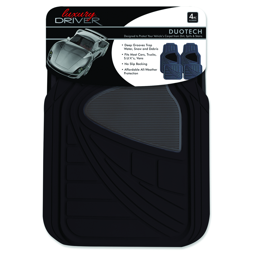 Duo Tech All Weather 4 Piece Car Mat with Grey Heel Pad - Black