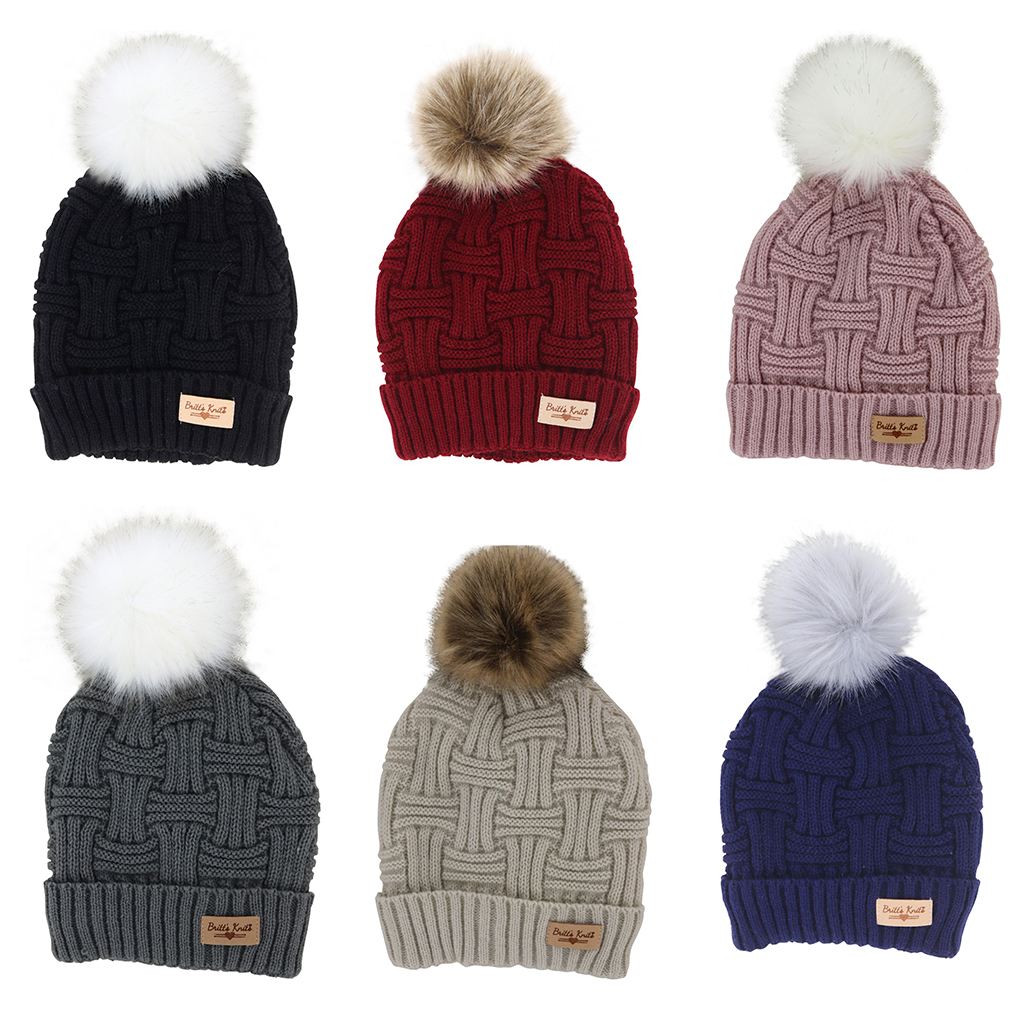 Lined knit hat With Pompom - Assorted Colors