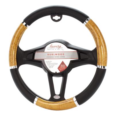 Luxury Driver Steering Wheel Cover - Wood Grip Tan and Black