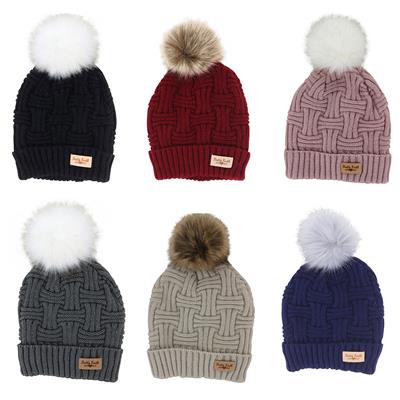 Lined knit hat With Pompom - Assorted Colors